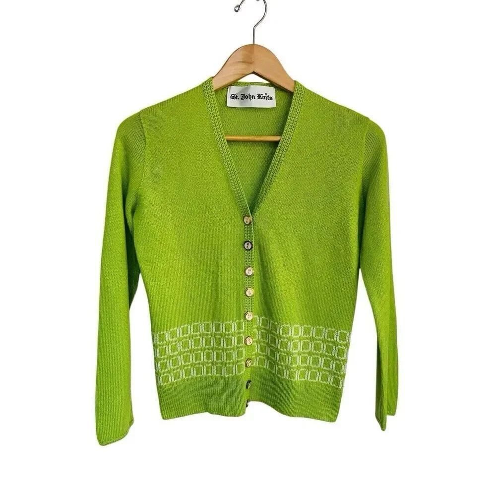 St John Knits VTG 70s Cardigan Sweater Lime Green White Square Detail Women’s S